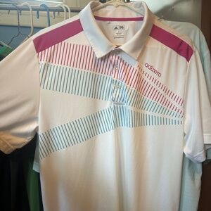 Adidas mens golf polo size large white with aqua blue and pink design